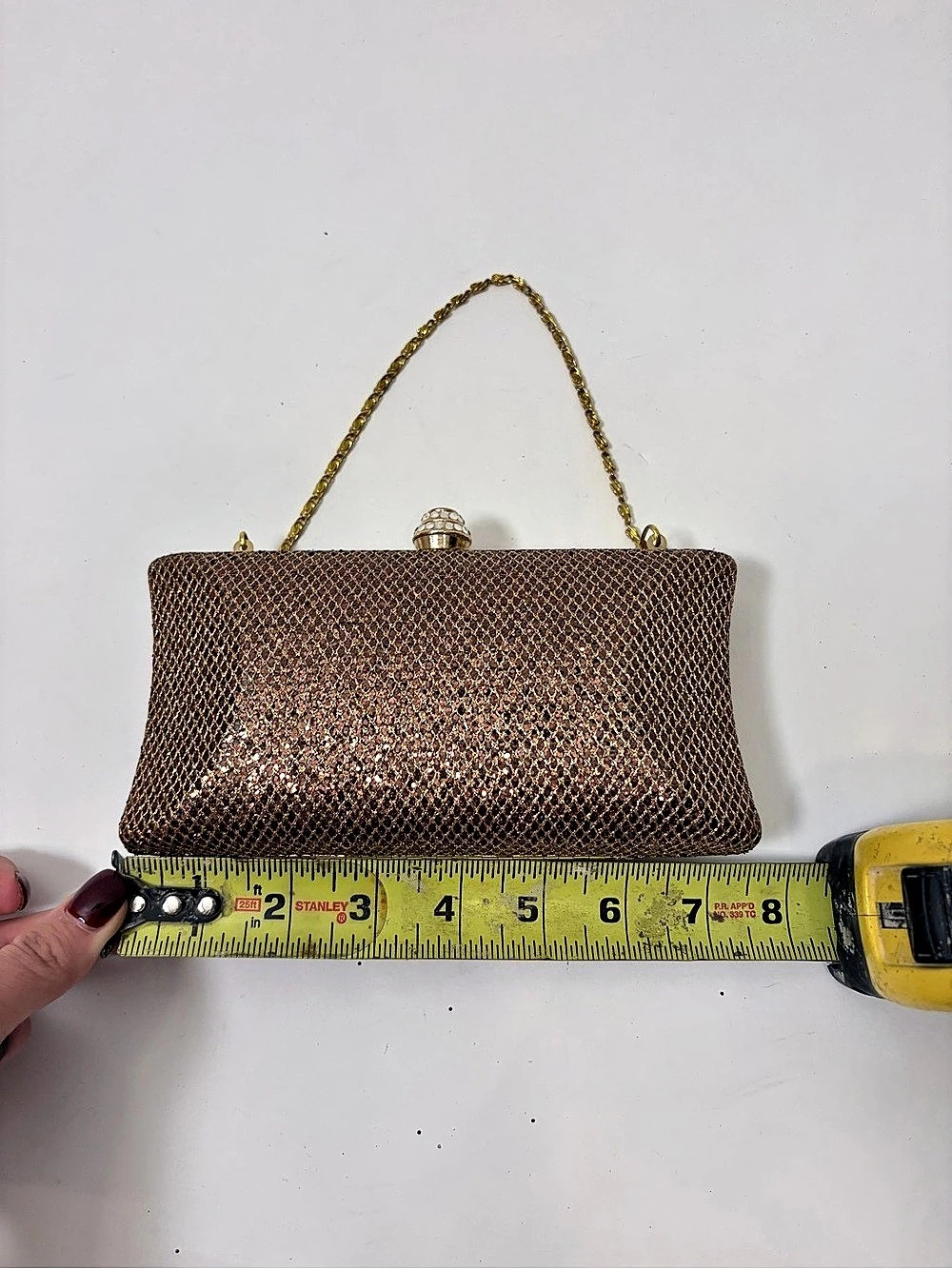 bebe Bronze Metallic Mesh Evening Clutch with Rhinestone Clasp - Picture 6 of 6